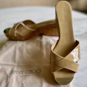 JIMMY CHOO PANNA PATENT LEATHER CORK WEDGE SLIDES